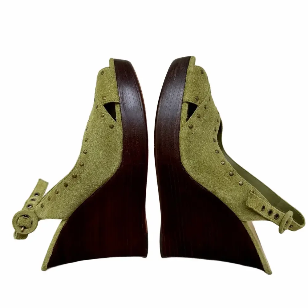 Vintage Anne Klein NY Suede Size 10 Olive Green Studded Wedge High Heel Sandals
